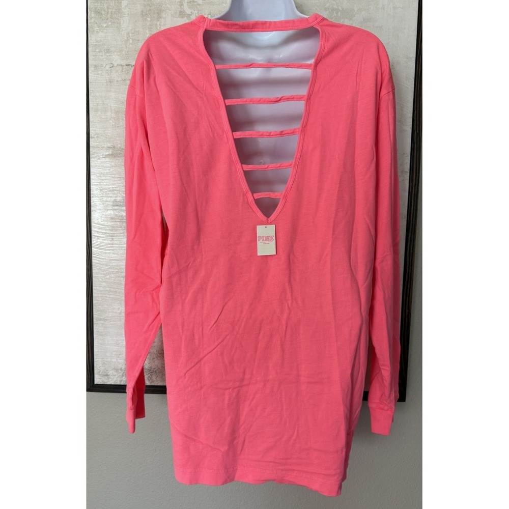 Victorias Secret PINK Bright Coral Long Sleeve Shirt Open Back Small NEW w/ TAGS - Picture 3 of 10